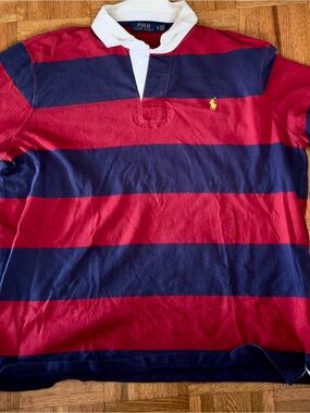 Ralph Lauren Red & Navy Striped Rugby Polo with White Collar